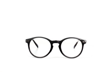 Unisex glasses with black plastic frames. With diopters for reading. Health, vision. Stylish accessories.