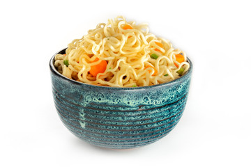 Instant noodles with carrot and scallions, vegetable soba bowl on white