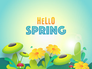 Beautiful Flowers with Leaves, Mushroom and Butterflies Decorated on Sunny Background for Hello Spring Celebration.