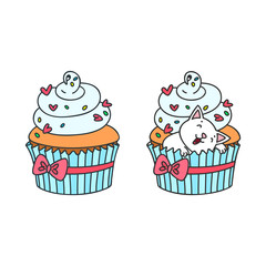 Cupcake and kitten. Cute illustration of a creamy cupcake and a little white kitten sleeping in a cupcake. Objects isolated on white. Vector 8 EPS.