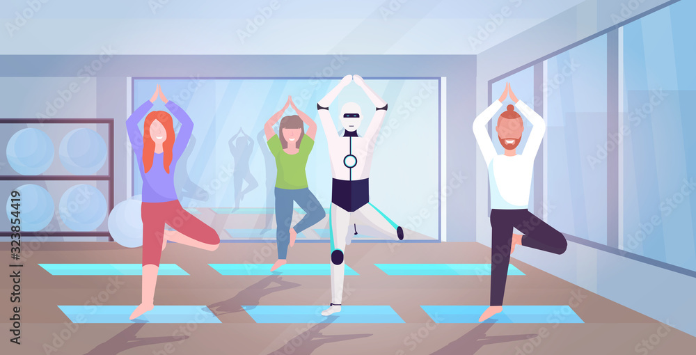Aufkleber robot with people doing yoga exercises standing tree pose asana artificial intelligence technology c