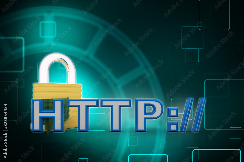 Poster 3d illustration network community concept . lock with http sign
