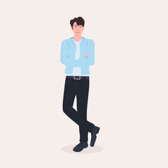 beautiful man standing pose male cartoon character in fashion clothes full length flat vector illustration