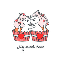 My sweet love. Illustration of couple of cute hugging cats sitting in cupcakes decorated with cream and hearts. Vector 8 EPS.