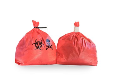 Two Red garbage bag for infectious waste isolated on white background.