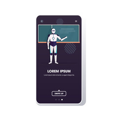 modern robot teacher standing in front of chalkboard artificial intelligence technology education concept school classroom smartphone screen mobile app full length copy space vector illustration