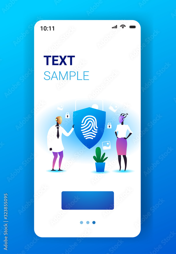 Poster two robots holding shield with fingerprint guard privacy data protection security artificial intelli