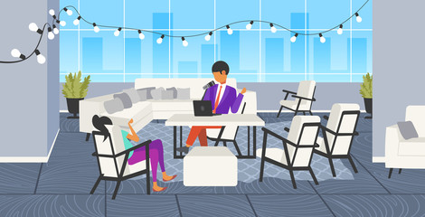 Fototapeta na wymiar man podcaster talking to microphone recording podcast in studio podcasting online radio concept woman interviewing man at round table broadcasting full length horizontal vector illustration