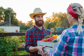 A man and a woman holding a box with a crop of farm vegetables background of the garden.