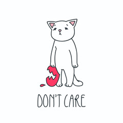 Don't Care. Illustration of sad white cat with broken heart in his paw. Objects isolated on white background. Vector 8 EPS