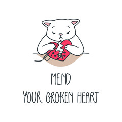 Meld Your Broken Heart. Illustration of sad cat sewing a broken heart. Objects isolated on white background. Vector 8 EPS