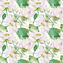 white lotus flowers seamless pattern. watercolor botanical illustration.