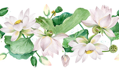 white lotus flowers seamless pattern. watercolor botanical illustration. - 323855668