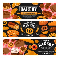 Bakery shop bread and pastries banners of wheat food vector design. French baguette and croissant, rye loaf and toast, cake, cupcake and donut, bagel, cereal buns and cookie, pie and bavarian pretzel