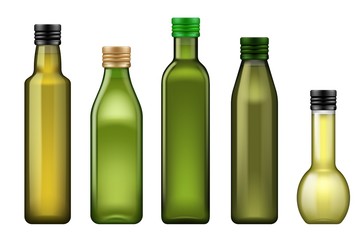 Oil bottle 3d vector templates of food or cooking ingredients design. Olive, sunflower and corn vegetable oil in green glass bottles with metal screw caps, advertising themes