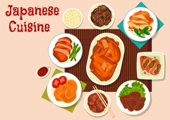 Japanese meat dishes vector design of Asian cuisine. Chicken wings and giblets with miso and soy sauce, liver with vegetables, fried and stewed pork with sesame and ginger, asparagus, pepper, beans