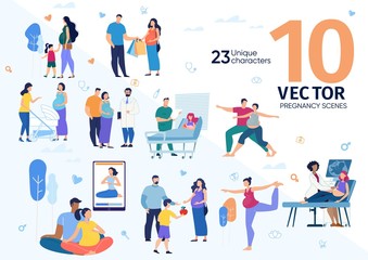 Fototapeta premium Healthcare Services for Pregnant Women, Future Mother Activities and Healthy Lifestyle Trendy Flat Vector Scenes Set. Couple Waiting Childbirth, Husband Spending Time with Pregnant Wife Illustrations
