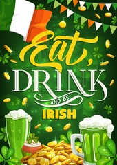 St Patricks Day Irish holiday vector design. Green beer, shamrock and leprechaun gold, flag of Ireland, lucky clover leaves and golden coins greeting card, decorated with festive bunting garland