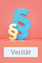 Verität. Begriff auf Schild. Präsentation von Paragrafen auf Podest in Museum. Symbol für Recht, Gesetz, Urteil. Rosa Hintergrund