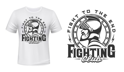 Fight club vector t-shirt print with medieval knight or warrior. Bearded crusader man in armour helmet on shield with fight to the end lettering mockup of custom apparel design