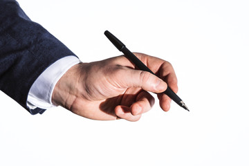 Businessman hand with pen isolated on white background, business and education concept. Close up