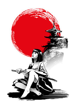 Woman Warrior, Kunoichi is sitting on the background of the pagoda. Vector illustration in traditional oriental style.