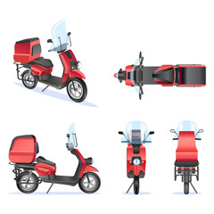 Motorbike 3d vector template for moped, motorbike branding and advertising. Isolated motorbike set on white background. View from side, front, back, top.