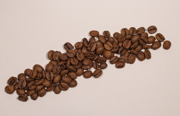  strip of roasted coffee beans on a white background