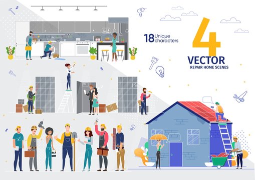 Home Repair, Apartment Renovation Professional Service Works Trendy Flat Vector Scenes Set. Female, Male Workers, Contractors in Uniform Characters Repairing House Roof, Piles in Kitchen Illustrations