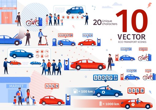Modern Ecological Transport Alternative Trendy Flat Vector Scenes Set. Man Choosing Electric Automobile for Family, Dealership Seller Promoting Cars for Future Clients, Man Charging Car Illustrations