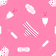 Female hygiene products, tampons, pantyliners and menstrual cups and panties vector seamless pattern background.