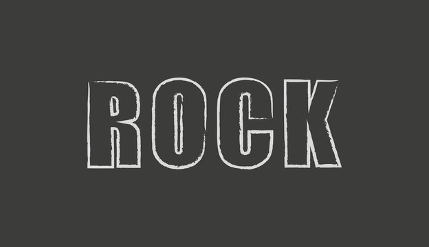 Black and white illustration with text rock. Vector illustration of text drawn in chalk on a blackboard. Text with grunge texture.