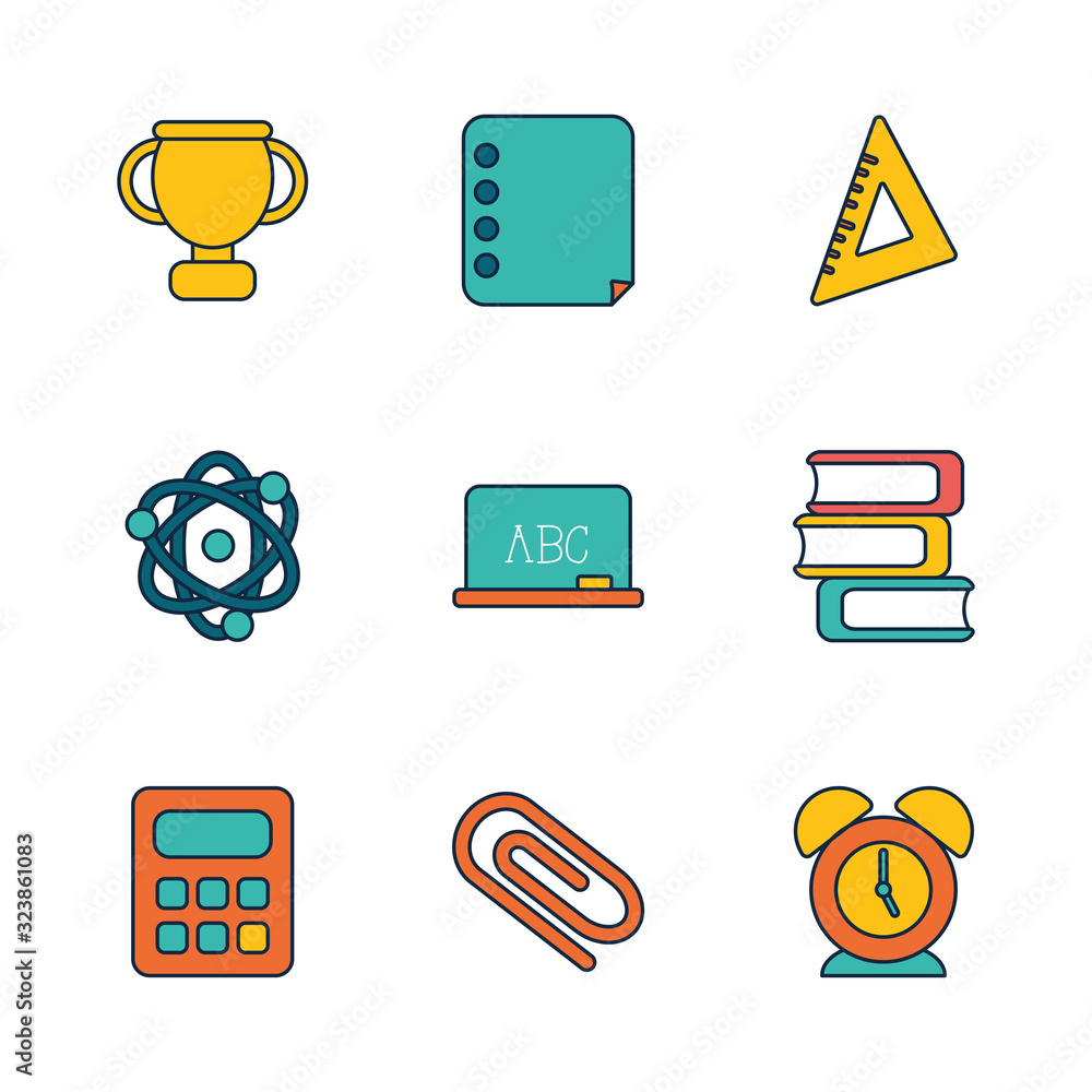 Poster isolated school line fill style icon set vector design