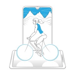 Girl rides a bicycle on a background of mountains on the tablet screen.