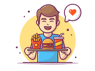 Happy Man Holding a Tray of Hamburger with French Fries, and Soda Vector Icon Illustration. Flat Cartoon Style Suitable for Web Landing Page, Banner, Flyer, Sticker, Wallpaper, Card, Background