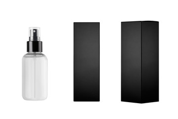 Mock up for design of packing cosmetics product - small transparent spray bottle, white label and...