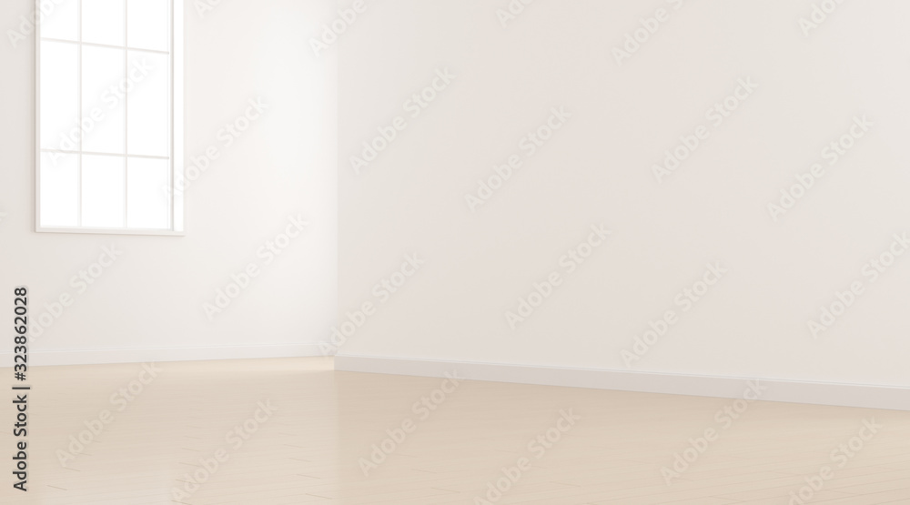 Poster mock-up of white empty room and wood laminate floor with sun light cast the shadow on the wall,persp