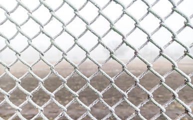 Fototapeta premium Frost on the net fence. Cold winter weather.