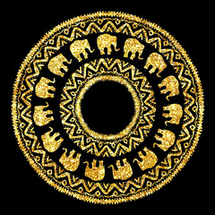 Glitter hand drawn artistic elephant mandala sparkling object isolated on black background