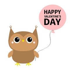 Happy Valentines Day. Cute owl toy icon holding balloon. Big eyes. Cute cartoon kawaii funny baby character. White background. Isolated. Flat design.
