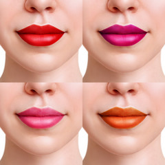Collage of beautiful natural lips with different shades color lipstick.