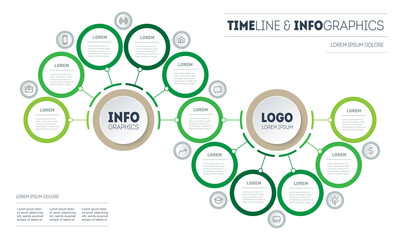 Infographic of green technology or education process with 11 parts. Development strategy. Horizontal eco Business presentation concept with eleven options. Template of info chart or diagram. Vector.