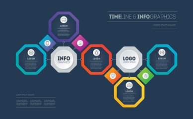 Presentation Template of Business development with 5 options and 9 icons. Infographics consisting of octagons. Vector Info graphic of technology or education process with five points.