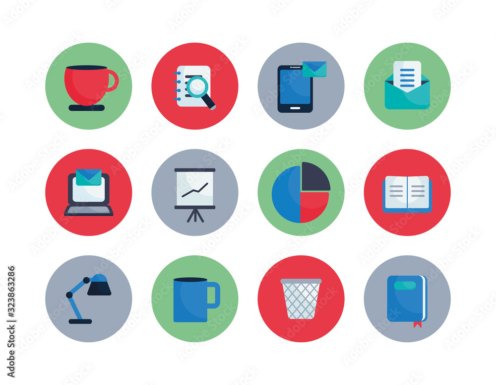 Poster isolated office flat block style icon set vector design