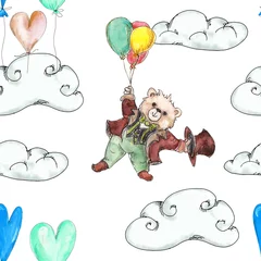 Stickers fenêtre Animaux avec ballon Modèle sans couture d& 39 enfants d& 39 ours en peluche volant artistique dessinés à la main aquarelle