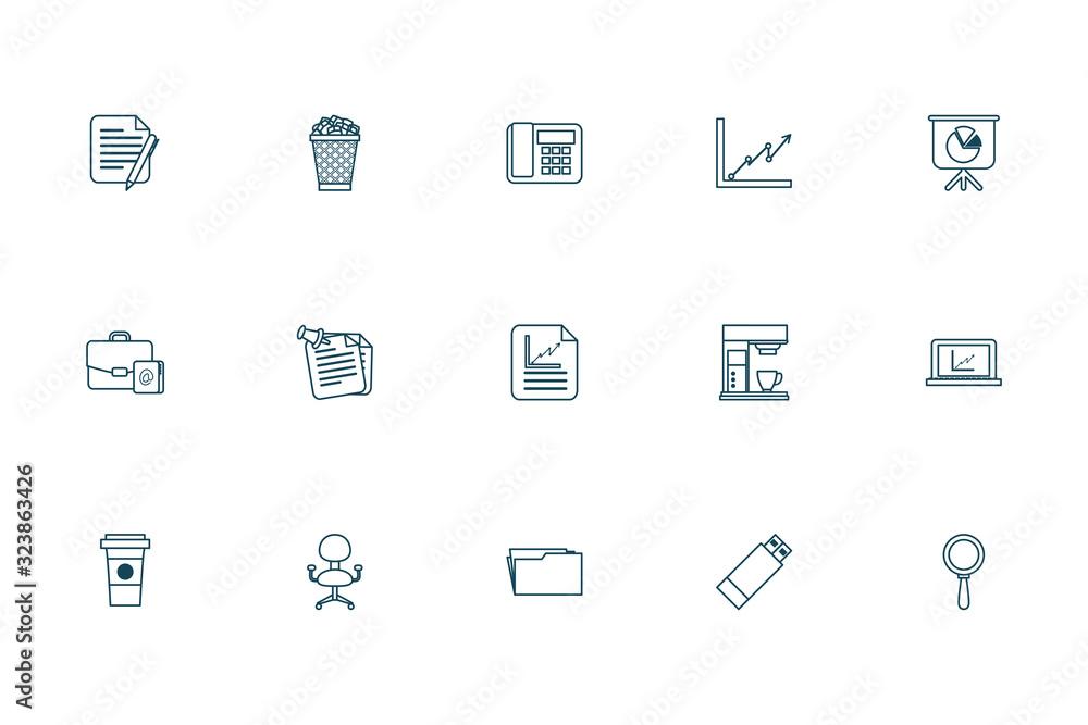 Poster office and business line style icon set vector design