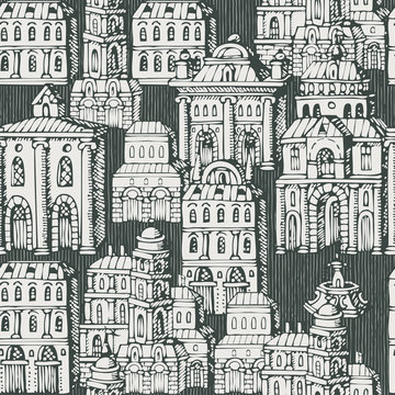 Vector seamless pattern with old hand-drawn houses in retro style. Cartoon background with old style building facades and fountains. Suitable for wallpaper, wrapping paper, fabric, textile