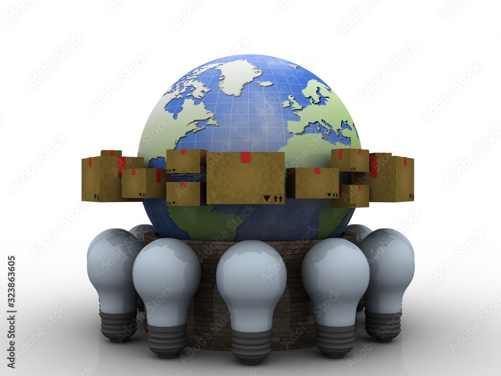 Poster 3d rendering cardboard boxes with globe around bulb