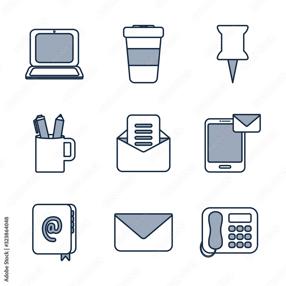Poster isolated office half line half color style icon set vector design