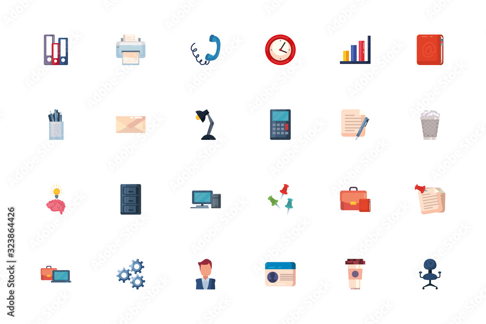 Poster office and business fill style icon set vector design
